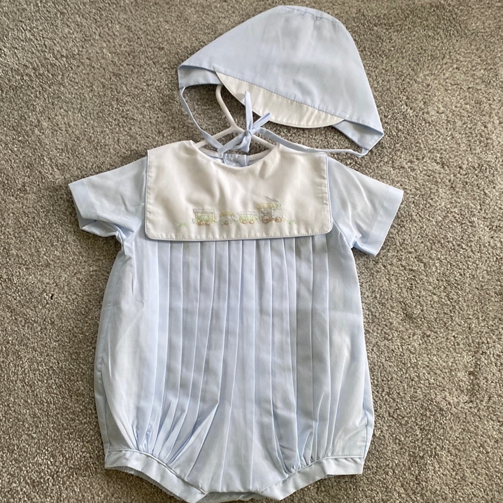 Blue & white baby bubble with embroidered train collar